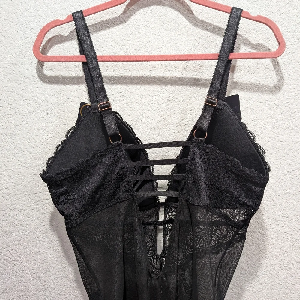 Rachel Roy Curvy Lace High Cut Teddy Bodysuit Black 1X NWT Sheer Lingerie - Picture 8 of 10